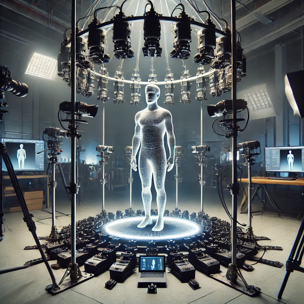 Volumetric scanning setup capturing a 3D model of a person in a studio.