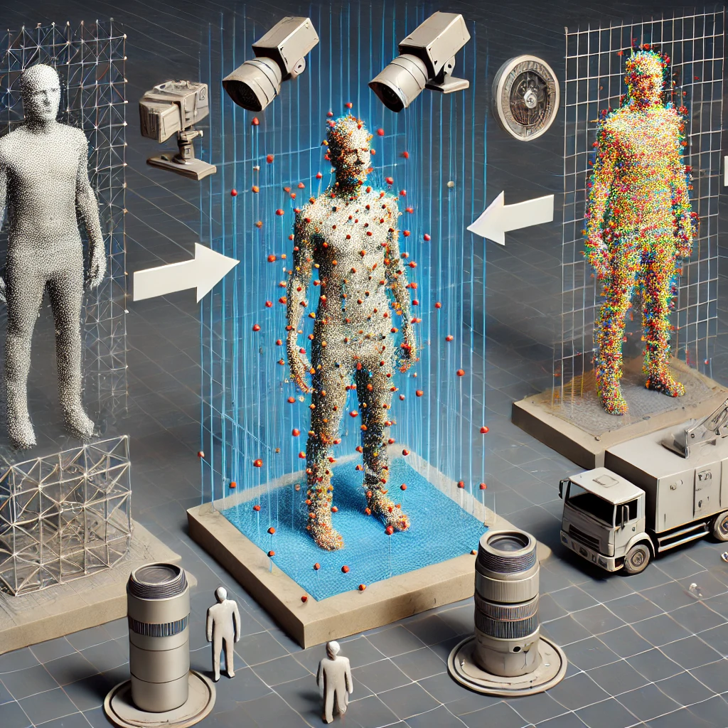 Visualization of the volumetric scanning process, from capturing data to rendering a 3D model.