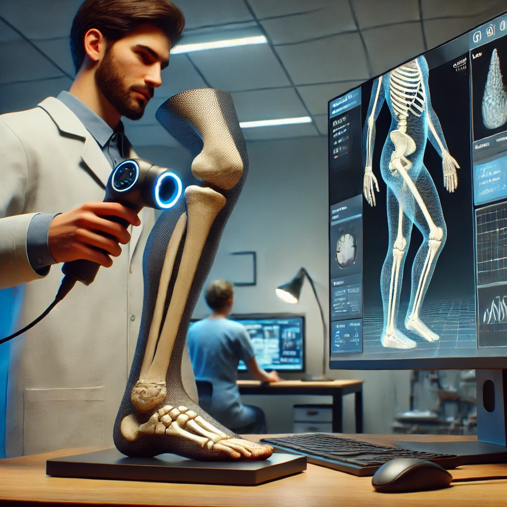 A technician using 3D scanning to create a custom-fitted prosthetic for a patient, showing the digital model and the final product.