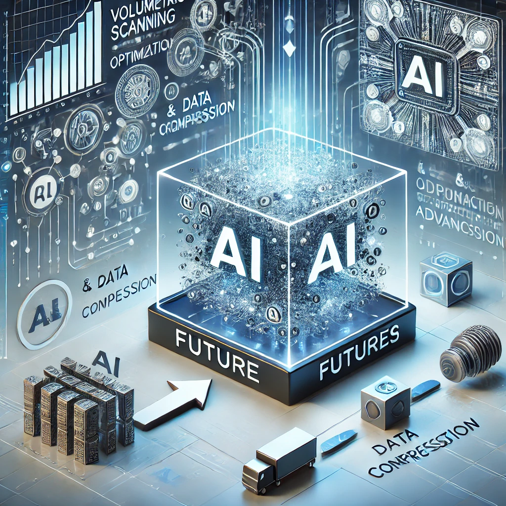 Visualization of future trends in volumetric scanning, showing AI optimization and data compression advancements.