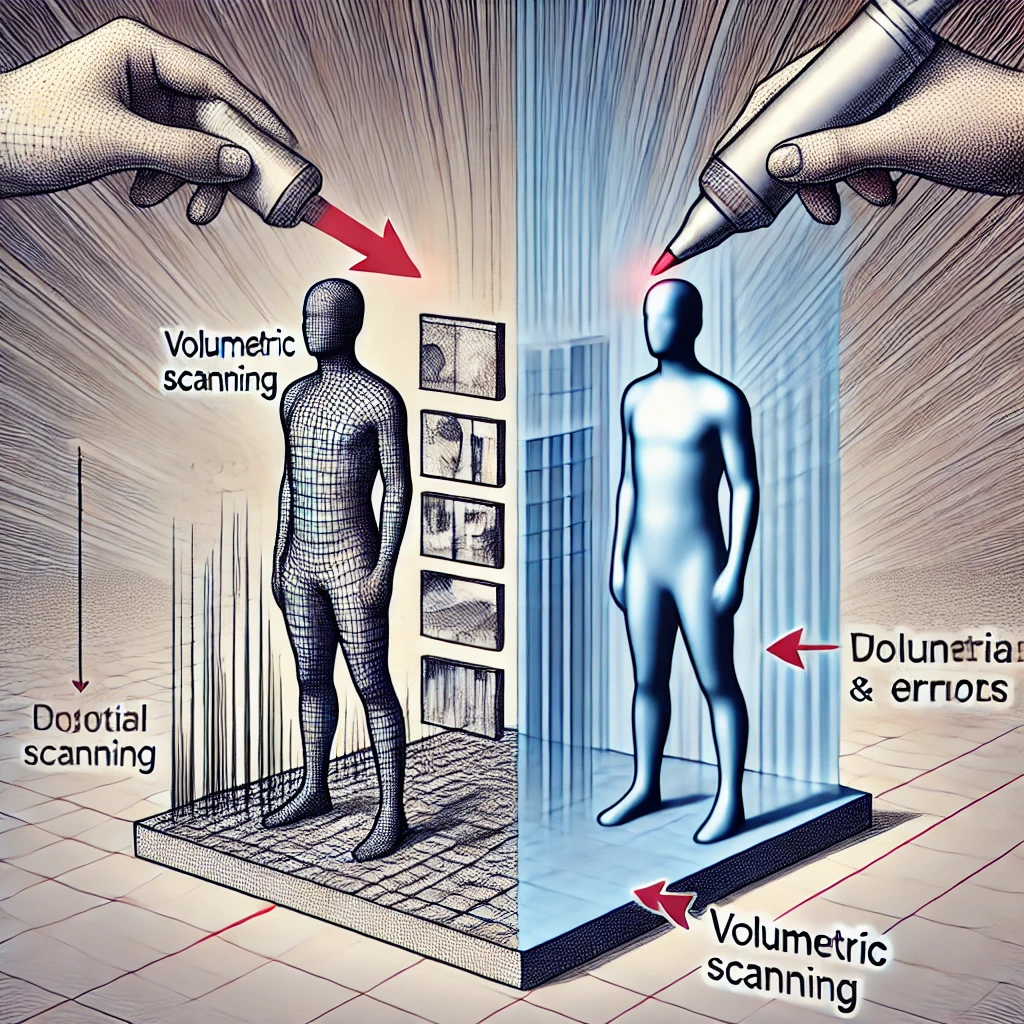 Illustration of the challenges in achieving high accuracy in volumetric scanning, highlighting potential distortions and errors.