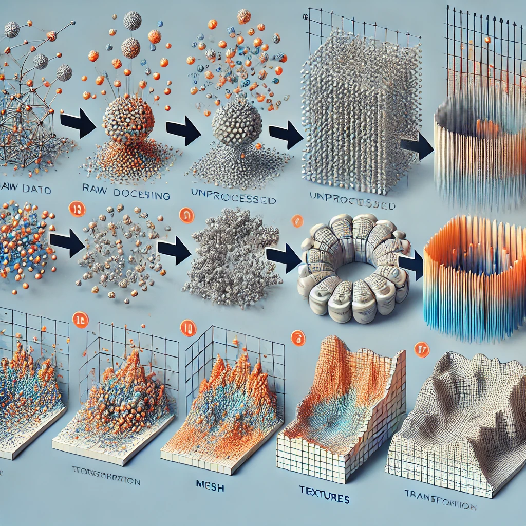 Example of the complex data processing required in volumetric scanning, showing multiple stages of converting raw data into a 3D model.